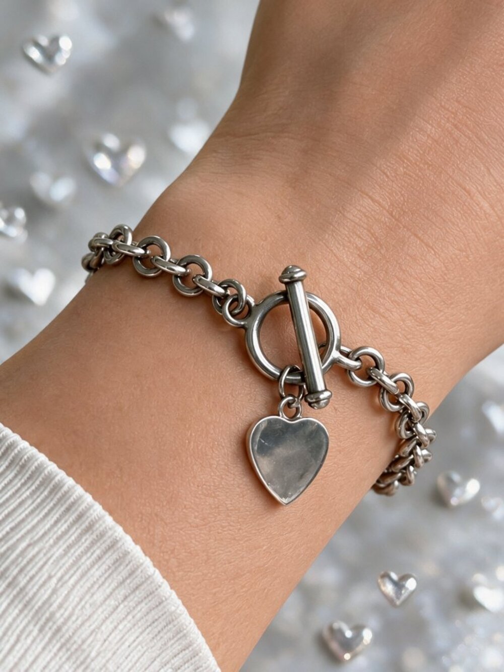 Vintage Sterling Silver Heart Charm Toggle Bracelet | 7" | 925 Silver